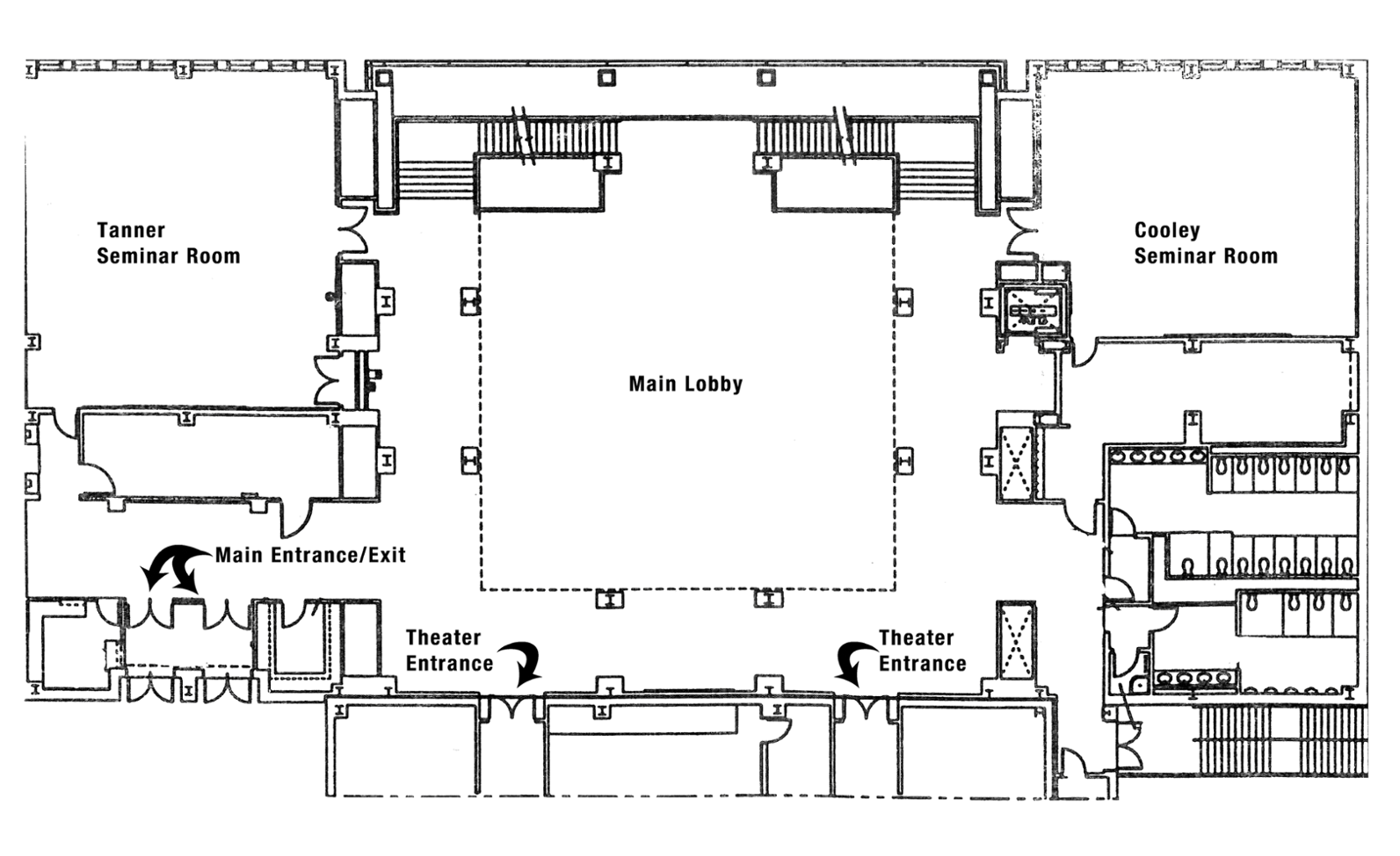Floor plan showing entrance into lobby, Seminar rooms in the back corners, and the entrance to the auditorium